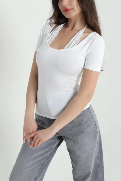 Beyaz Dantelli Tasarım Kadın Bluz 455972