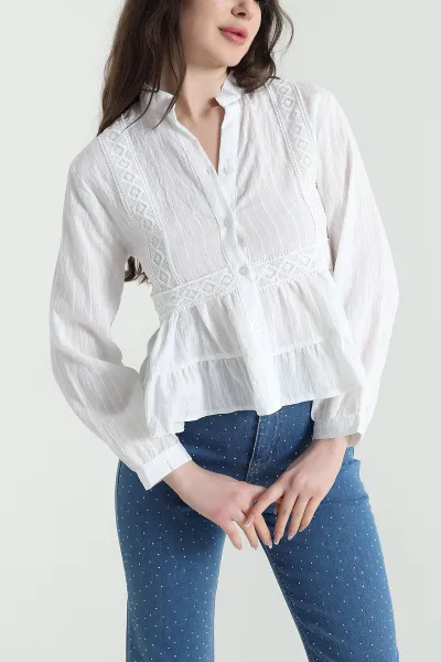 Beyaz Dantelli Tencel Kadın Gömlek 455176
