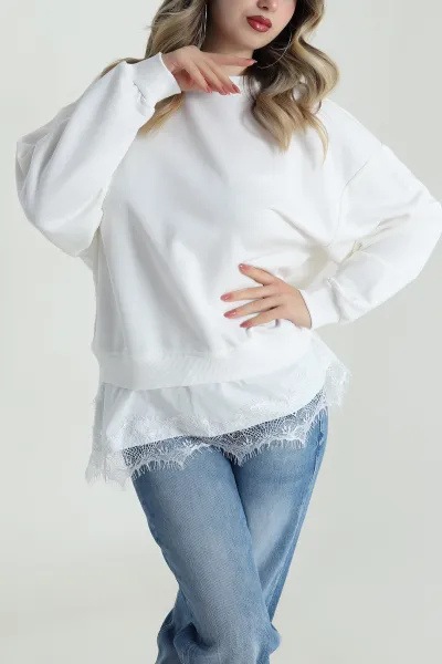 Beyaz Dantelli Üç İp Kadın Sweat 486601