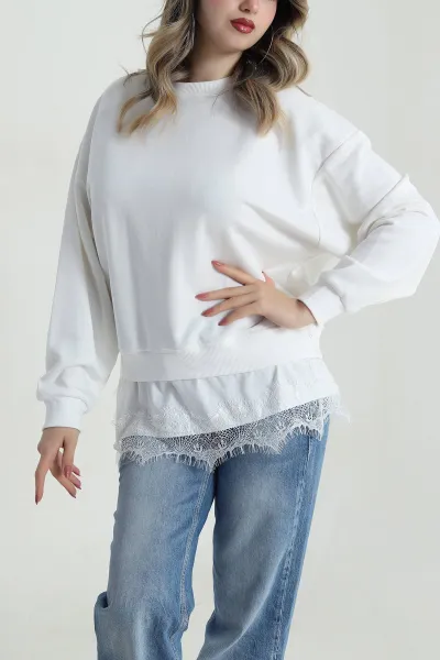 Beyaz Dantelli Üç İp Kadın Sweat 486601