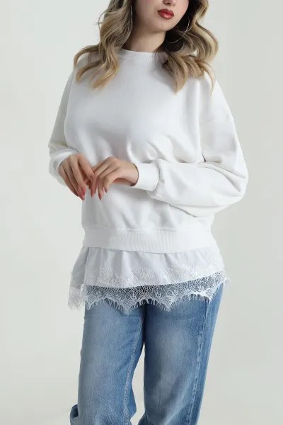 Beyaz Dantelli Üç İp Kadın Sweat 486601