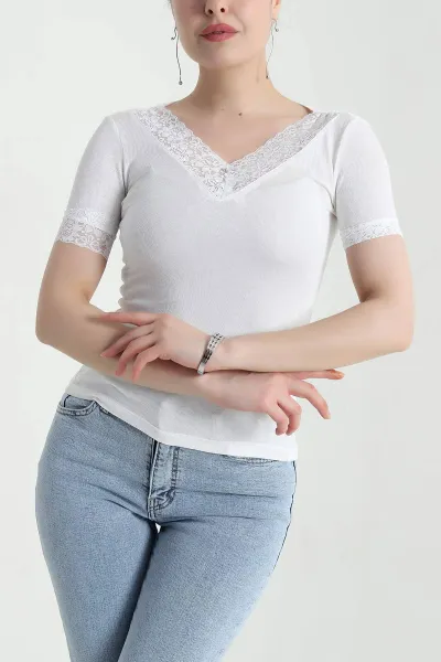 Beyaz Dantelli V Yaka Transparan Kadın Bluz 456733