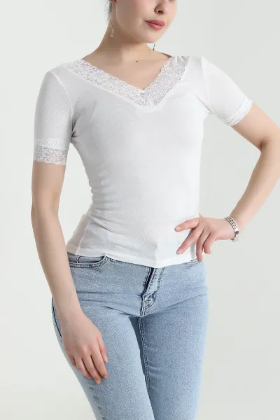 Beyaz Dantelli V Yaka Transparan Kadın Bluz 456733