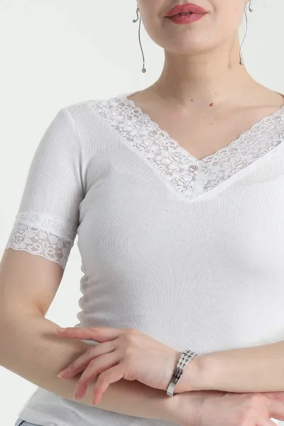 Beyaz Dantelli V Yaka Transparan Kadın Bluz 456733