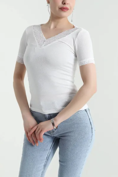 Beyaz Dantelli V Yaka Transparan Kadın Bluz 456733