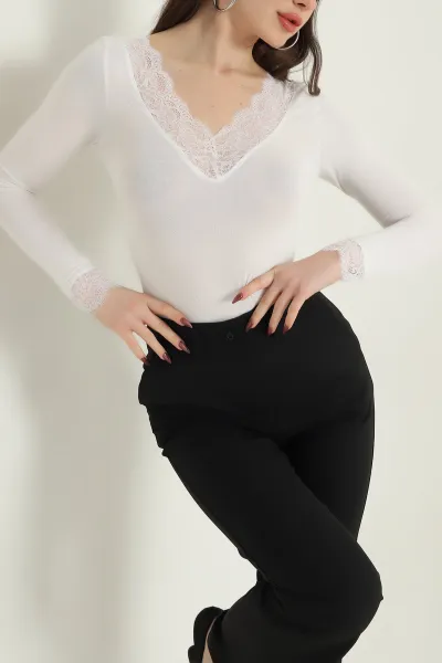 Beyaz Dantelli Viskon Kadın Bluz 433942