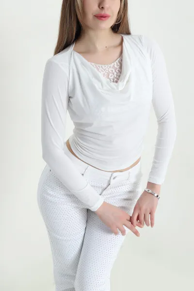 Beyaz Dantelli Yaka Sandy Kadın Bluz 443630
