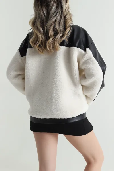 Beyaz Deeri Garnili Biker Kadın Mont 488782
