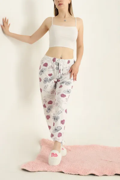 Beyaz Desenli Beli Lastikli Pijama Altı 288751