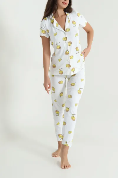 Beyaz Desenli Kadın Pijama Takımı 466609