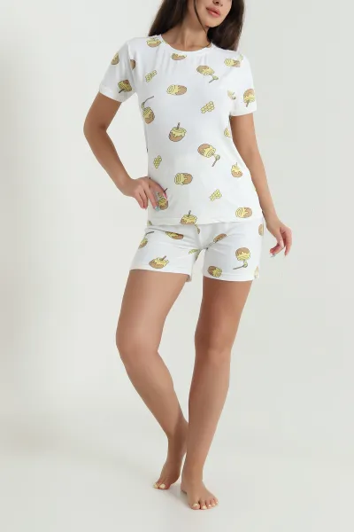Beyaz Desenli Kadın Şortlu Pijama Takım 466508