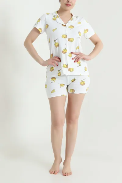 Beyaz Desenli Kadın Şortlu Pijama Takım 466512