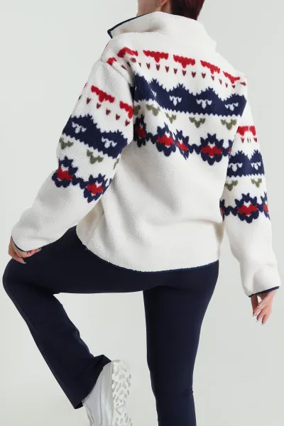 Beyaz Desenli Uzun Kollu Teddy Kadın Sweat 482456