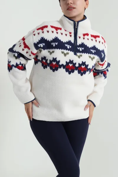 Beyaz Desenli Uzun Kollu Teddy Kadın Sweat 482456