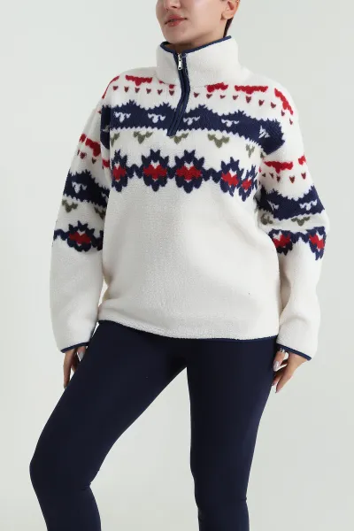 Beyaz Desenli Uzun Kollu Teddy Kadın Sweat 482456