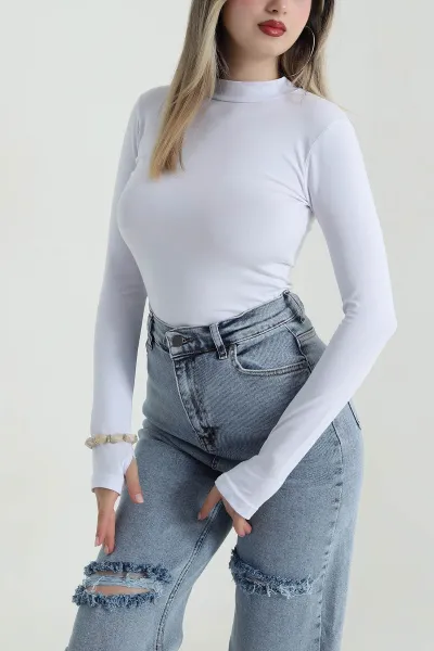 Beyaz Dik Yaka Likralı Kadın Bluz 487861