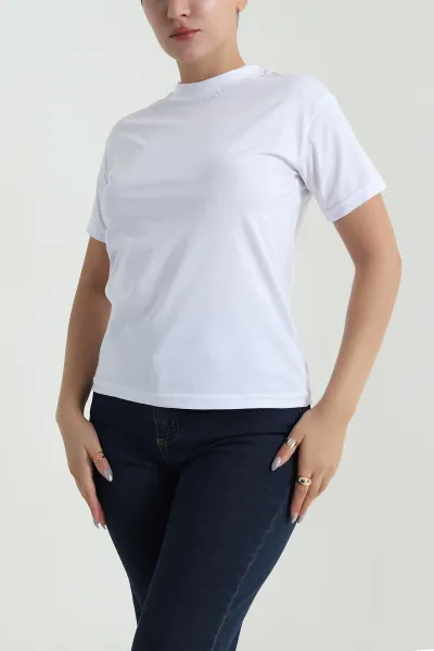 Beyaz Dik Yaka Likralı Viskon Kadın Tişört 482333