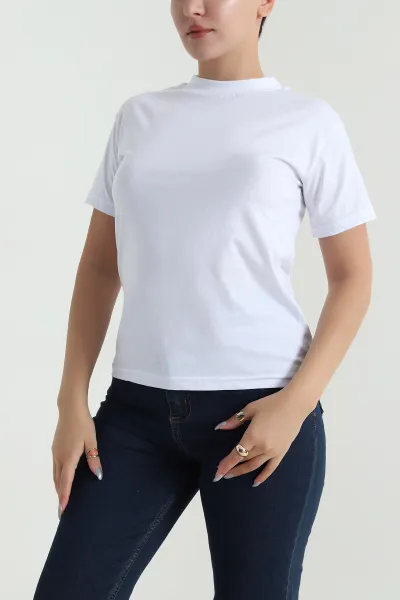 Beyaz Dik Yaka Likralı Viskon Kadın Tişört 482333