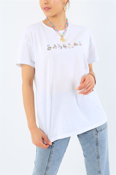 Beyaz Duble Kol Nakış İşlemeli Tişört 32843
