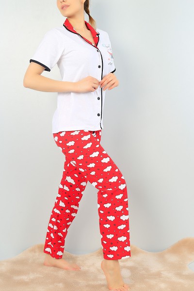 Beyaz Düğmeli Bayan  Baskılı Pijama Takımı 64950