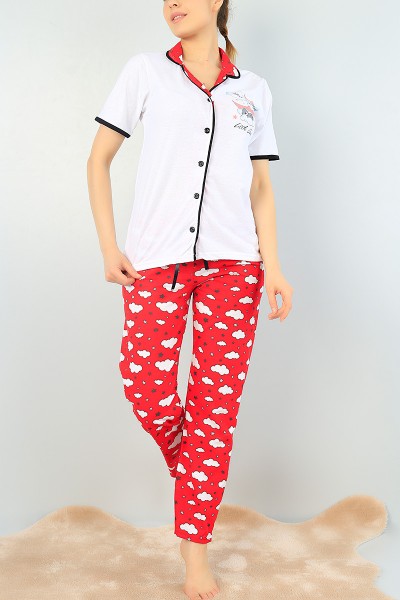 Beyaz Düğmeli Bayan  Baskılı Pijama Takımı 64950