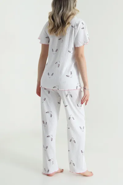 Beyaz Düğmeli Bürümcük Kadın Pijama Takımı 479562