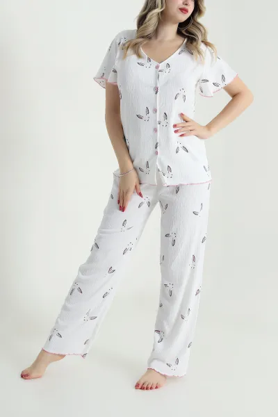 Beyaz Düğmeli Bürümcük Kadın Pijama Takımı 479562