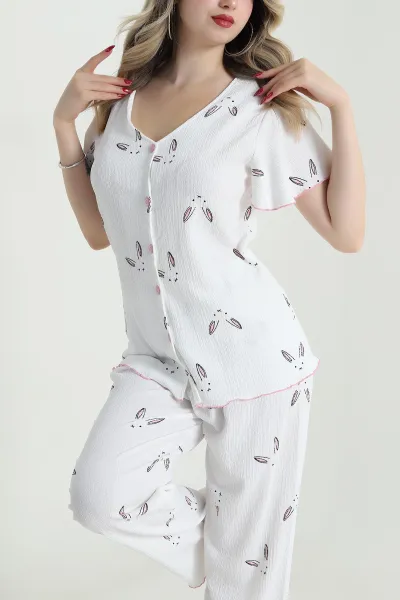 Beyaz Düğmeli Bürümcük Kadın Pijama Takımı 479562