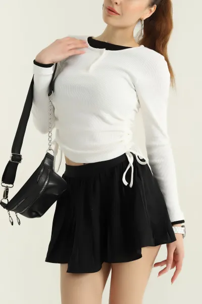 Beyaz Düğmeli Büzgülü Fitilli Kadın Bluz 354130