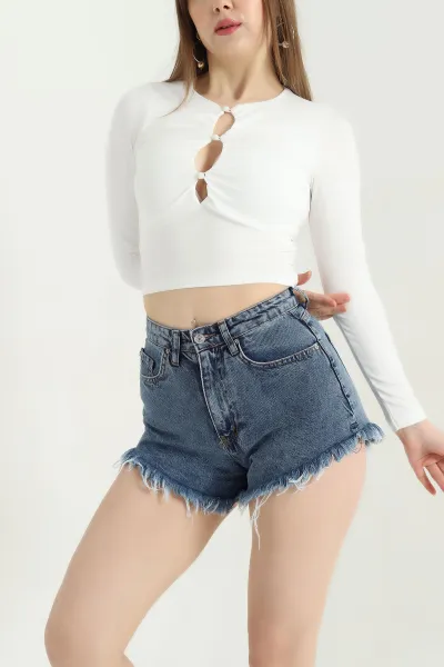 Beyaz Düğmeli Dalgıç Kumaş Bluz 337867