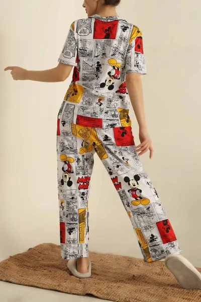 Beyaz Düğmeli Desenli Bayan Pijama Takımı 258533