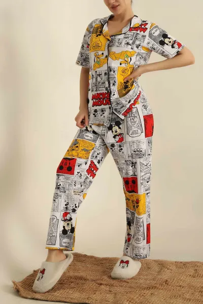 Beyaz Düğmeli Desenli Bayan Pijama Takımı 258533