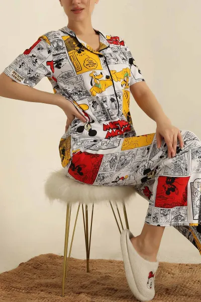 Beyaz Düğmeli Desenli Bayan Pijama Takımı 258533