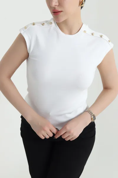Beyaz Düğmeli Likralı Kadın Bady Bluz 454300
