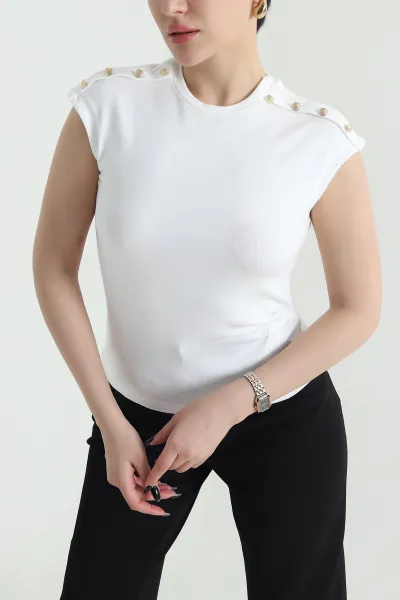 Beyaz Düğmeli Likralı Kadın Bady Bluz 454300