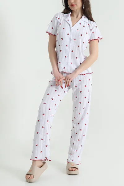 Beyaz Düğmeli Pointel Kadın Pijama Takımı 439040