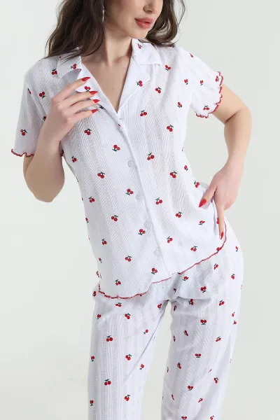 Beyaz Düğmeli Pointel Kadın Pijama Takımı 439040
