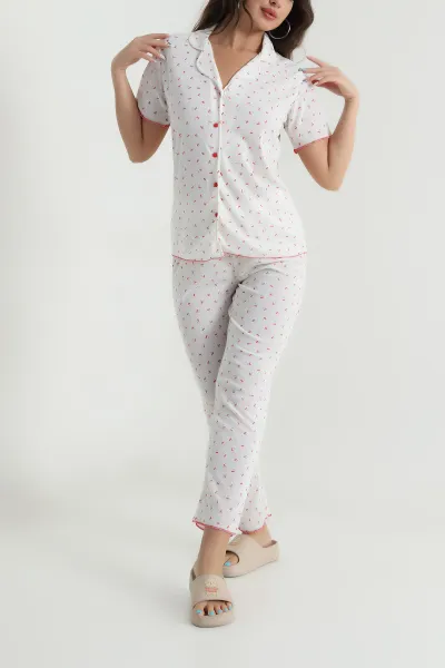 Beyaz Düğmeli Pointel Kadın Pijama Takımı 482598