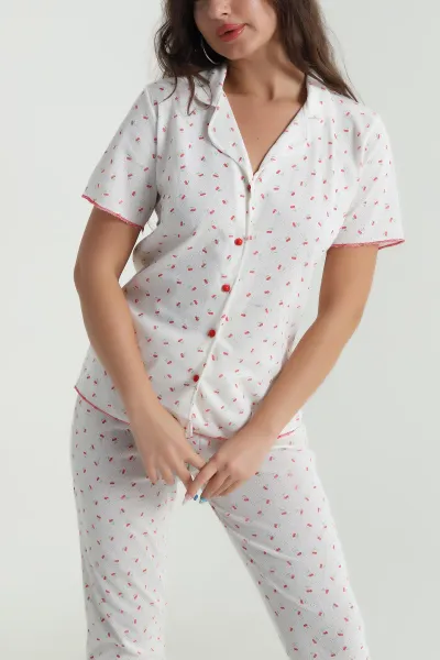 Beyaz Düğmeli Pointel Kadın Pijama Takımı 482598