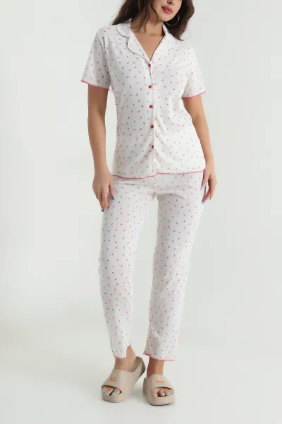 Beyaz Düğmeli Pointel Kadın Pijama Takımı 482598
