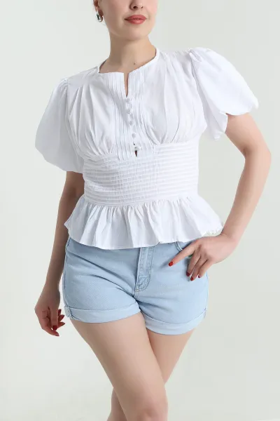 Beyaz Düğmeli Poplin Kadın Gömlek Bluz 466802