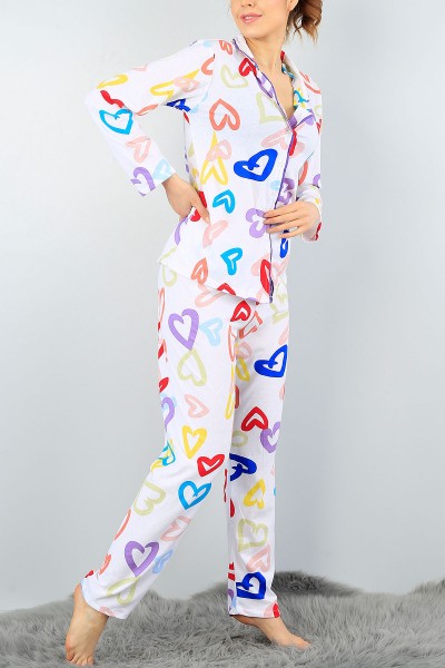 Beyaz Düğmeli Tasarım Bayan Pijama Takımı 57577