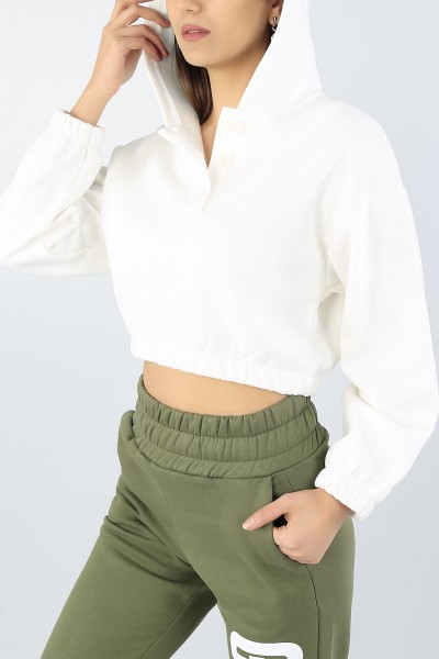 Beyaz Düğmeli Tasarım Bayan Üç İp Sweat 53558