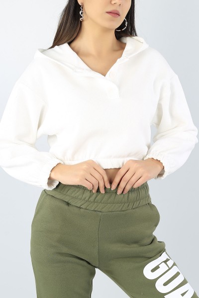 Beyaz Düğmeli Tasarım Bayan Üç İp Sweat 53558