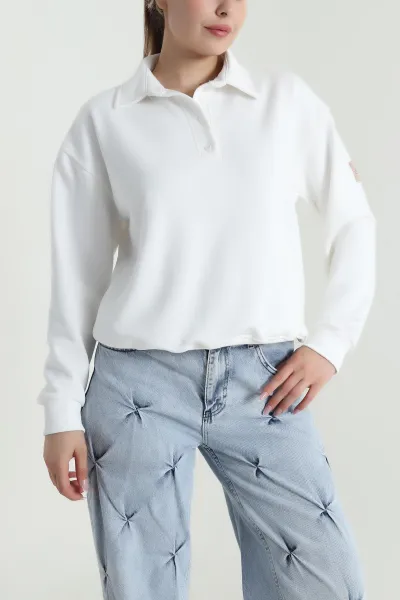 Beyaz Düğmeli Yaka Üç İp Kadın Sweat 484745