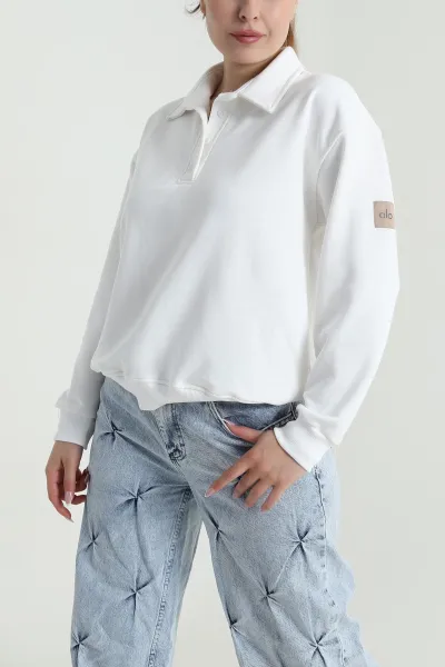 Beyaz Düğmeli Yaka Üç İp Kadın Sweat 484745