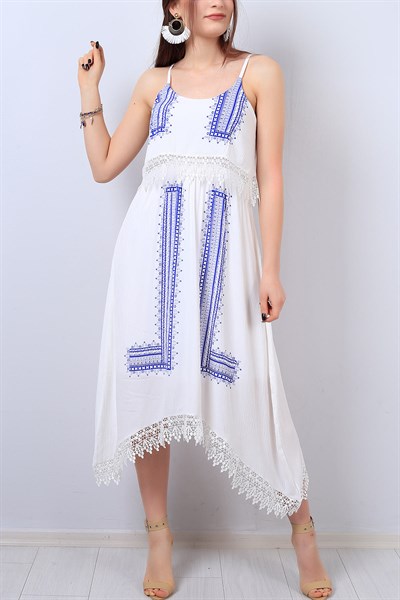 Beyaz Etnik Desen Dantel Detaylı Elbise 14078B