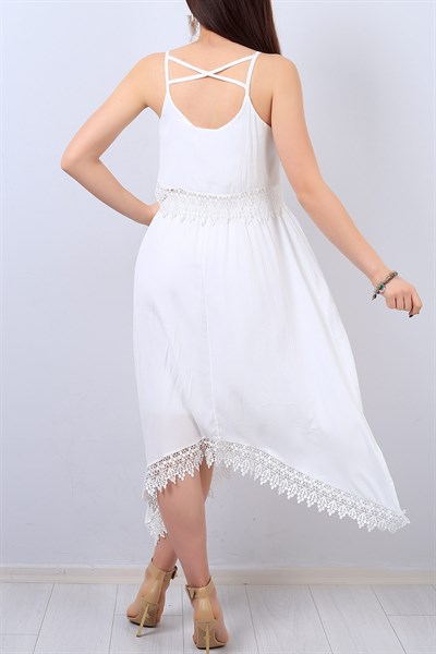 Beyaz Etnik Desen Dantel Detaylı Elbise 14078B