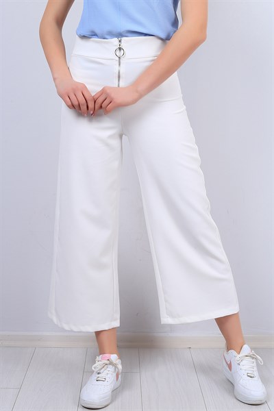 Beyaz Fermuar Detay Salaş Kumaş Pantolon 12446B