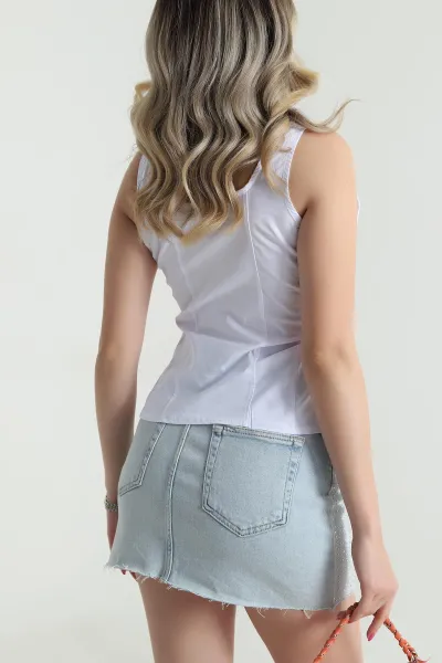 Beyaz Fermuarlı Askılı Tencel Kadın Bluz 482544
